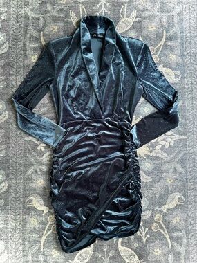 Zara Sage Blue Velvet Rainbow Glitter Long Sleeve Dress Sz M